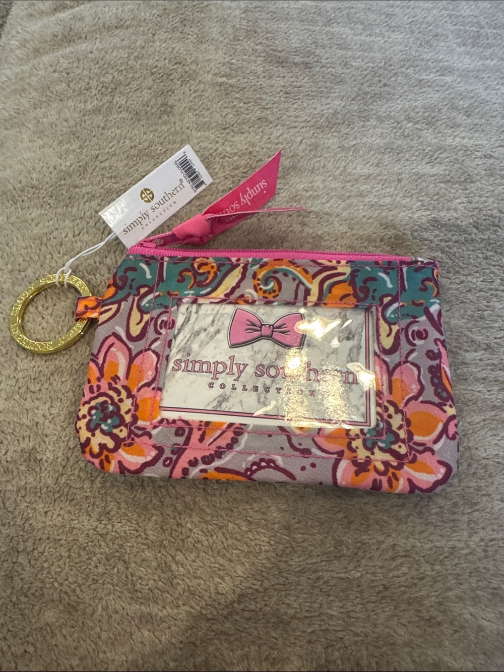 Simply Southern Pink Multi Floral Vinyl ID Wristlet with Gold Ring